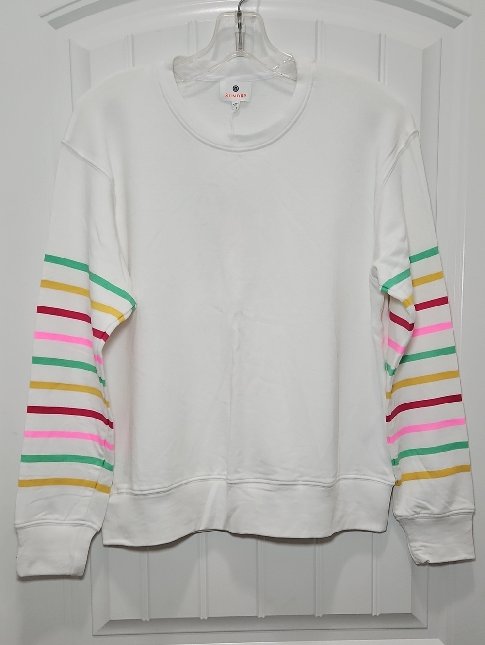 Sundry Revolve Sweatshirt White Crewneck Colorful Striped Sleeves New Small